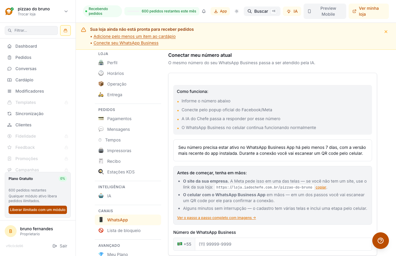 Tela do portal com a caixa "Antes de começar, tenha em mãos", incluindo o link da loja pronto para copiar