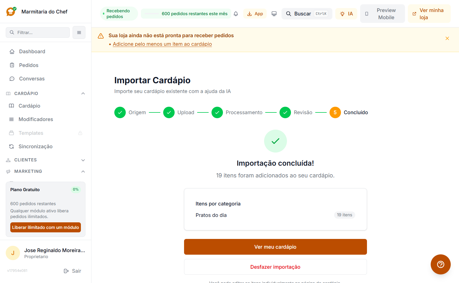 Tela de importação concluída, com o total de itens por categoria e os botões Ver meu cardápio e Desfazer importação