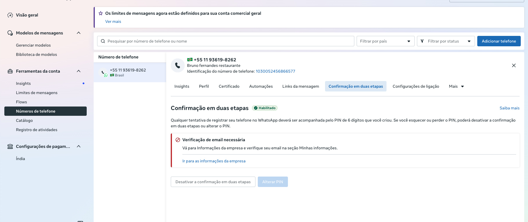 WhatsApp Manager com a aba Confirmação em duas etapas selecionada